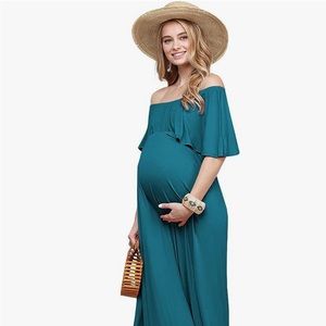 Teal off-the-shoulder ruffle long maxi maternity dress womens Medium